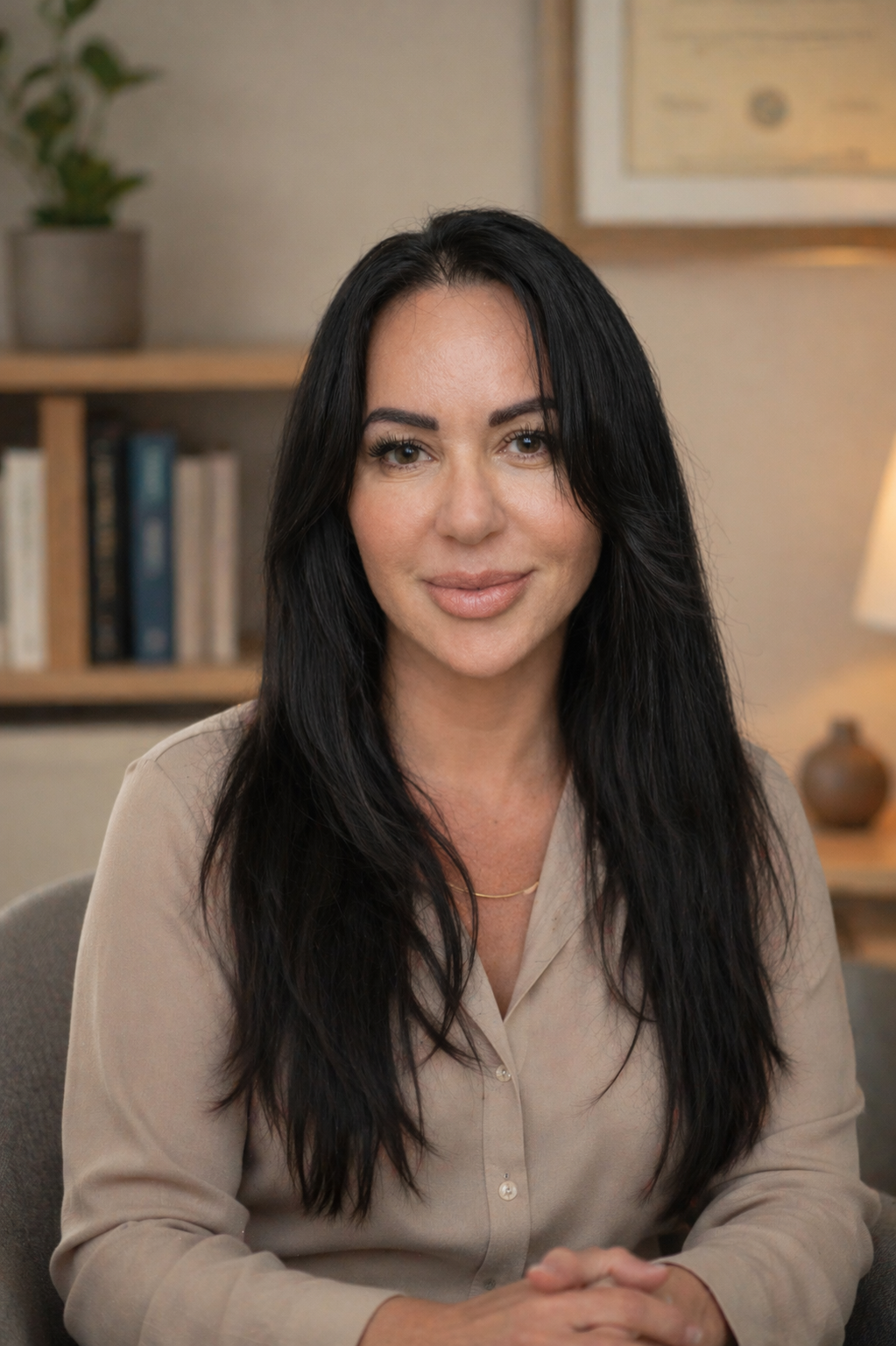 Sueli Andrade, psicóloga clínica, sentada em seu consultório